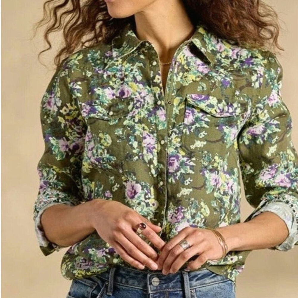 Sundance Willow Floral Linen Shirt Long Sleeve Snap Front Olive Purple M Boho